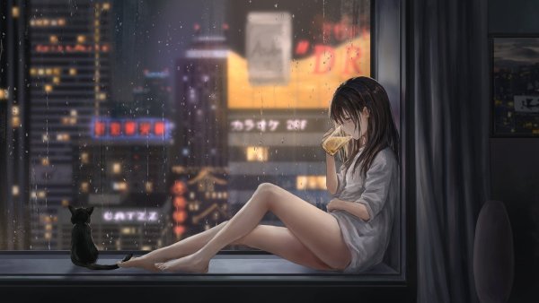 Девушка сидит ночью