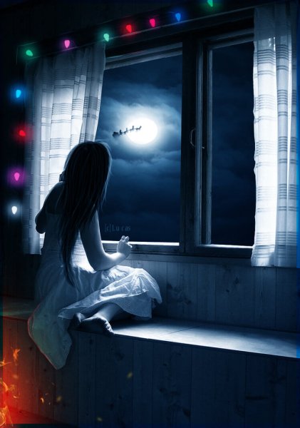 Девушка у окна ночью