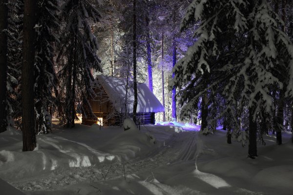 Домик в лесу зимой ночью