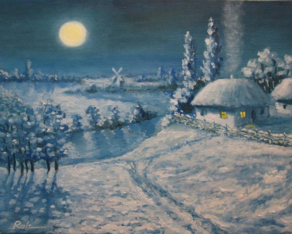 На тему зимняя ночь в деревне