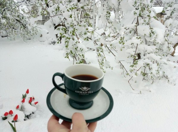 Утро с чаем зимой с надписями