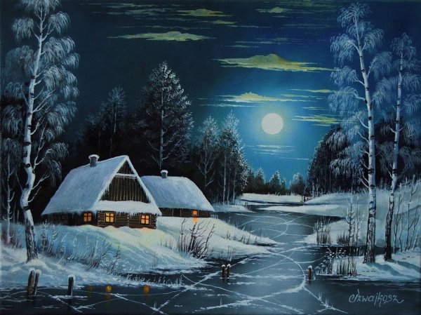 Зимняя лунная ночь в деревне