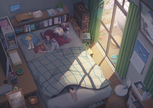 Комнаты с кроватью утром аниме