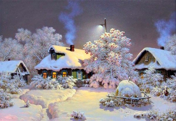 Зимний вечер в деревне живопись